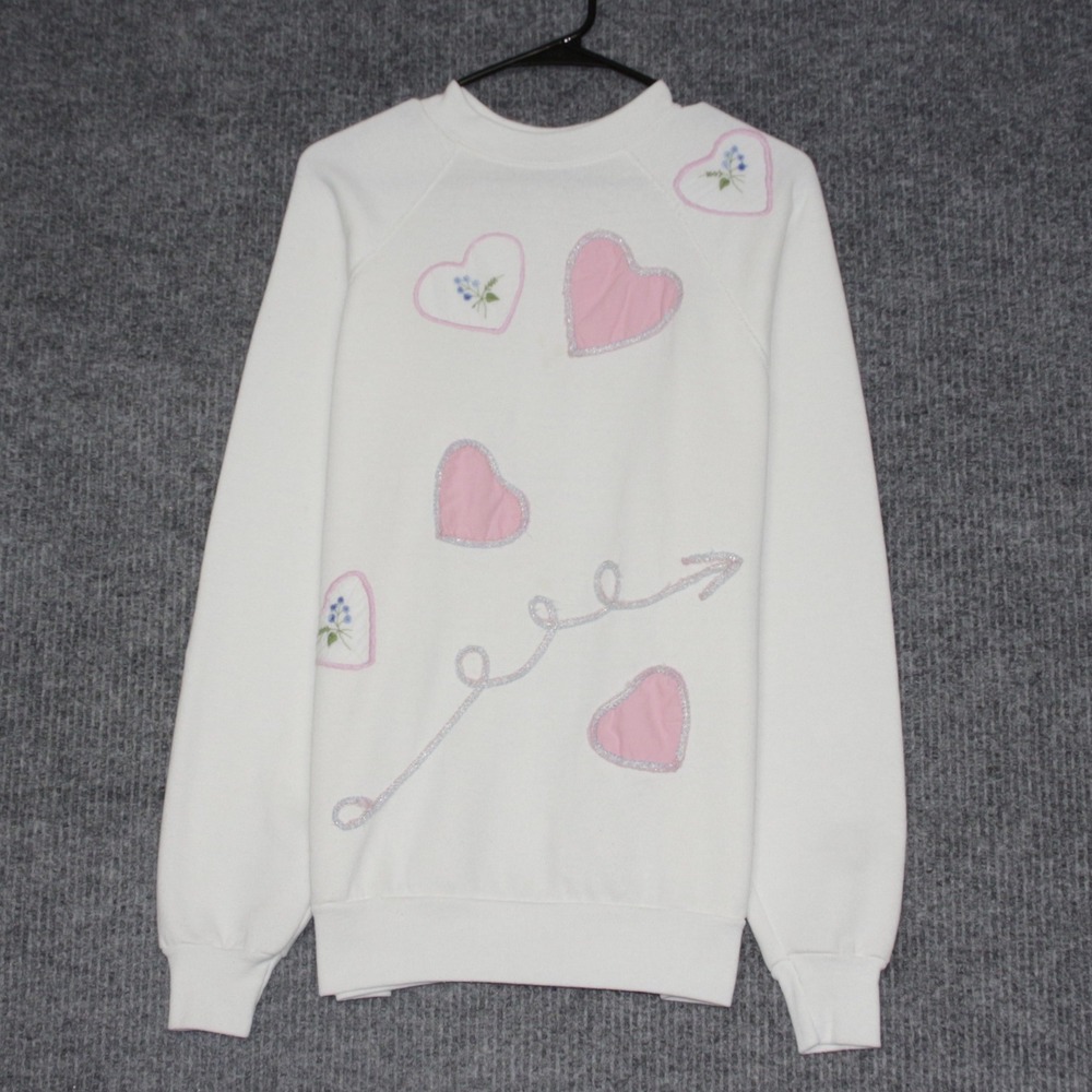 Vintage White Ultra Fleece 220 Sweatshirt Pink Hearts Embroidered Arrow Womens M